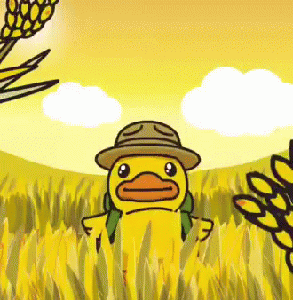 A Cartoon Duck Wearing A Hat And Backpack Is Standing In A Field Of Tall Grass GIF