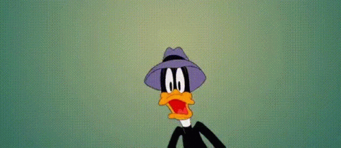 a cartoon duck wearing a purple hat and a black suit is making a surprised face .