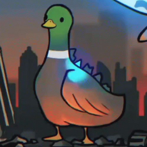A Cartoon Duck With A Glowing Tail Is Standing In Front Of A City . GIF