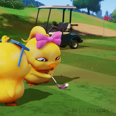 A Cartoon Duck With A Purple Bow On Its Head Is Playing Golf GIF