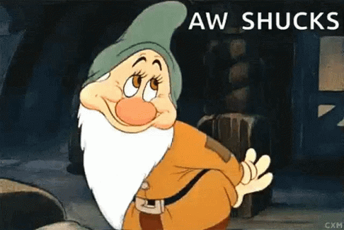 A Cartoon Dwarf From Snow White And The Seven Dwarfs Is Waving At The Camera And Says Aw Shucks . GIF