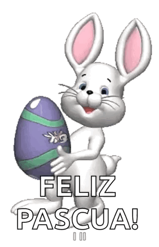 A Cartoon Easter Bunny Is Holding An Easter Egg And Says Feliz Pascua . GIF