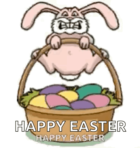 A Cartoon Easter Bunny Is Jumping Out Of A Basket Of Eggs . GIF