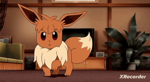 A Cartoon Eevee Is Standing In A Living Room With Xrecorder Written On The Bottom Right GIF