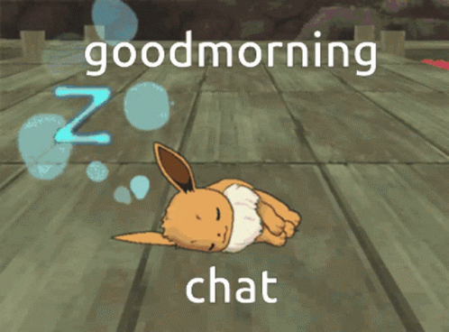 A Cartoon Eevee Laying On A Wooden Floor With The Words Good Morning Chat GIF