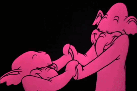 A Cartoon Elephant Is Holding A Woman 'S Hand In A Pink Background . GIF