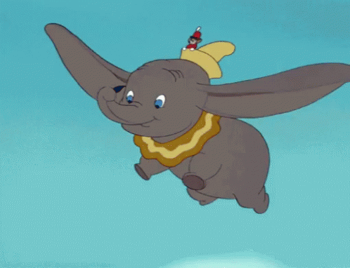A Cartoon Elephant With A Red Hat On Its Head Is Flying In The Air GIF