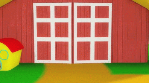 A Cartoon Farmer Is Standing In A Red Barn With His Doors Open . GIF