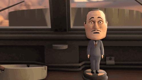 a cartoon figure of a man in a suit and tie is standing in front of a window