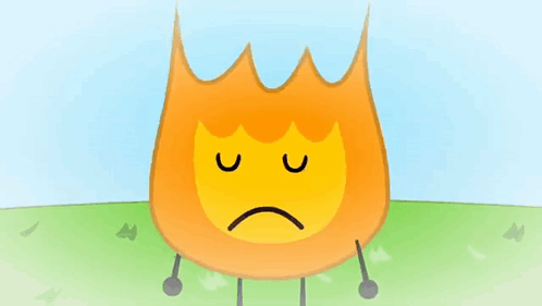 A Cartoon Fire With A Sad Face Is Standing On A Grassy Field . GIF
