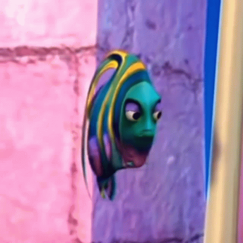 A Cartoon Fish Is Looking Out Of A Window With A Purple Background . GIF