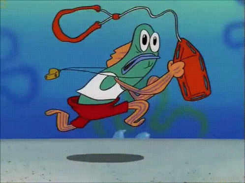 A Cartoon Fish Is Running With A Life Preserver Around His Neck GIF