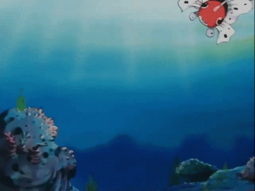 A Cartoon Fish Is Swimming In The Ocean Near Some Rocks . GIF