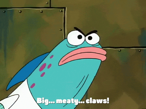 A Cartoon Fish Says " Big Meaty Claws " In Front Of A Wall GIF