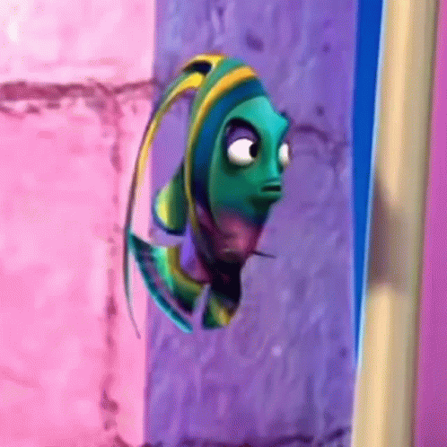 A Cartoon Fish With A Yellow Tail Is Looking Out Of A Window GIF
