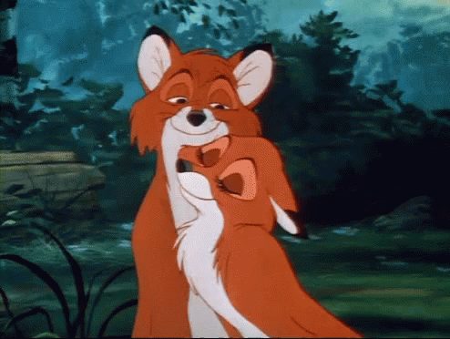 A Cartoon Fox Is Hugging Another Fox In The Woods GIF