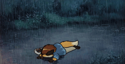 A Cartoon Fox Is Laying In The Rain GIF