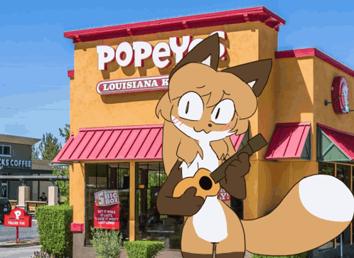 A Cartoon Fox Is Playing An Ukulele In Front Of A Popeye 'S Louisiana Restaurant GIF