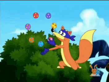 A Cartoon Fox Is Playing With Balloons In The Air GIF