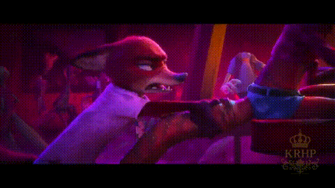 A Cartoon Fox Is Sitting In A Chair In A Dark Room With Purple Lights . GIF