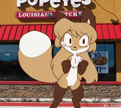 A Cartoon Fox Is Standing In Front Of A Louisiana Chicken Restaurant GIF