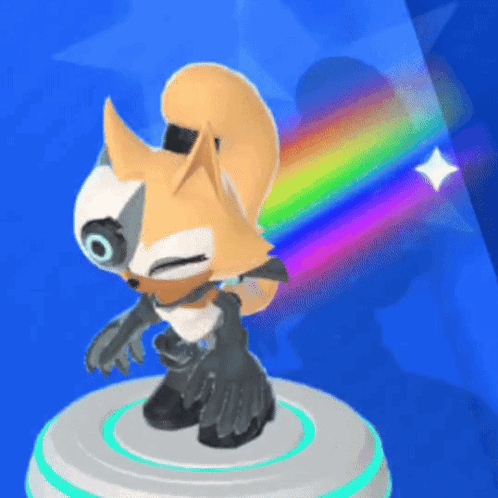 a cartoon fox is standing on a white circle with a rainbow behind it