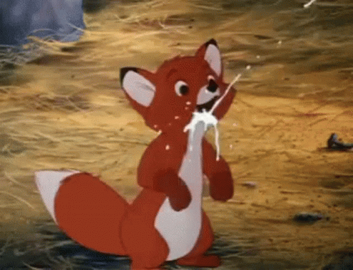 A Cartoon Fox Is Standing On Its Hind Legs And Eating A Piece Of Food . GIF