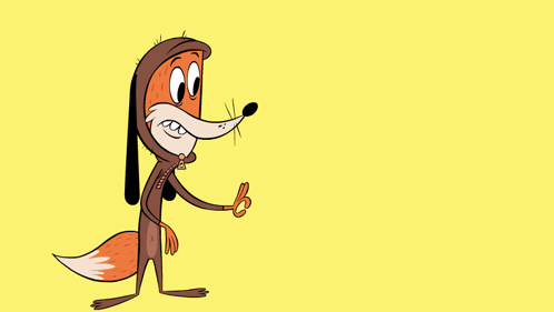 A Cartoon Fox Pointing At The Word Yeah On A Yellow Background GIF