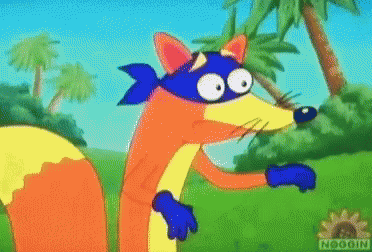 A Cartoon Fox Wearing A Blue Mask Is Standing In A Grassy Field . GIF