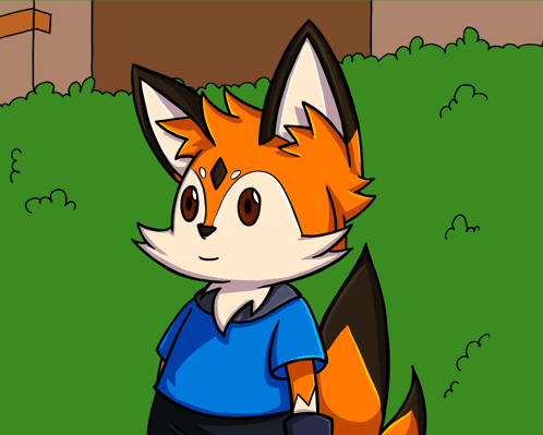 A Cartoon Fox Wearing A Blue Shirt Stands In The Grass GIF
