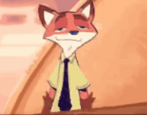 A Cartoon Fox Wearing A Tie And A Shirt Is Standing Next To A Wall . GIF