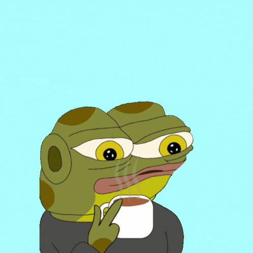 A Cartoon Frog Is Holding A Cup Of Coffee And Making A Peace Sign GIF