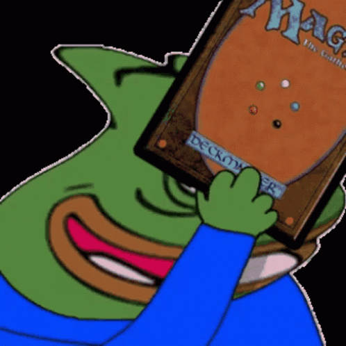 A Cartoon Frog Is Holding A Magic The Gathering Card In Front Of His Face GIF