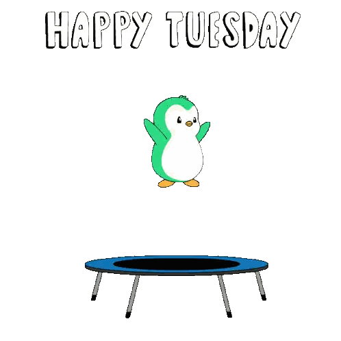 a cartoon frog is jumping on a trampoline with the words `` happy tuesday '' written below it .