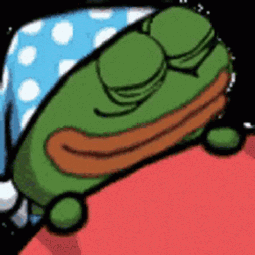 A Cartoon Frog Is Sleeping In A Bed With A Blue And White Polka Dot Pillow On Its Head . GIF