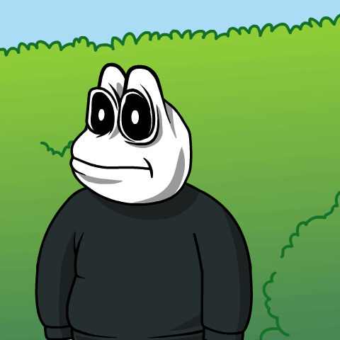 A Cartoon Frog Wearing A Black Sweater Stands In A Grassy Field GIF