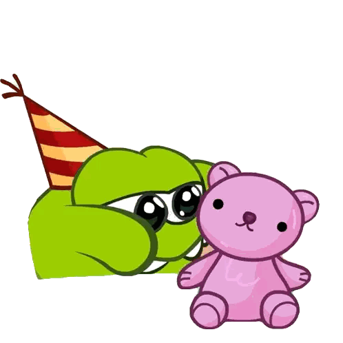a cartoon frog wearing a party hat and sunglasses holds a pink teddy bear