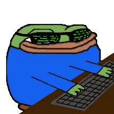 a cartoon frog wearing sunglasses and a blue shirt is typing on a keyboard