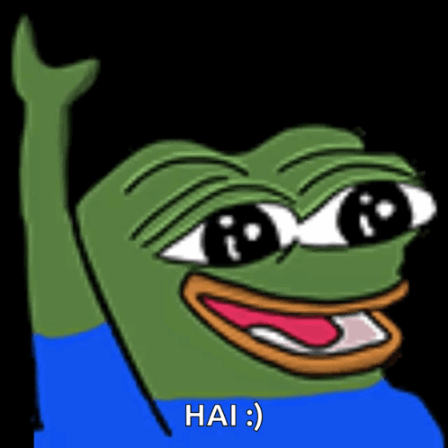 A Cartoon Frog With A Blue Shirt On Is Waving His Hand And Says Hai GIF