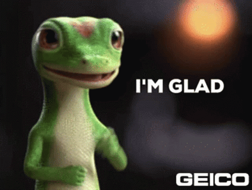 A Cartoon Gecko Says I 'M Glad Geico On A Dark Background GIF