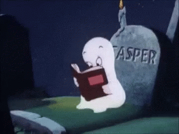 A Cartoon Ghost Is Reading A Book In Front Of A Gravestone With The Name Asper Written On It GIF