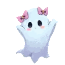 a cartoon ghost with a pink bow on its head .