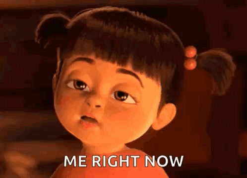 A Cartoon Girl From The Movie Monsters Inc Is Looking At The Camera And Saying `` Me Right Now '' . GIF
