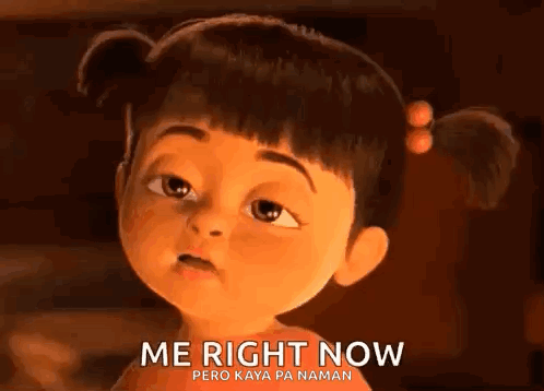 A Cartoon Girl From The Movie Monsters Inc Is Looking At The Camera And Saying `` Me Right Now '' . GIF