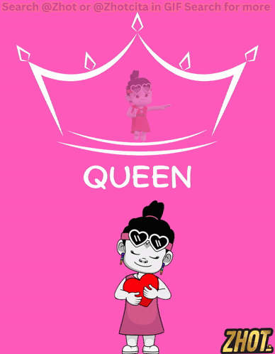 A Cartoon Girl Holding A Heart Under A Crown With The Word Queen On It GIF