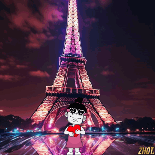 A Cartoon Girl Holds A Heart In Front Of The Eiffel Tower GIF