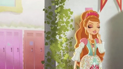 A Cartoon Girl In A Dress Is Standing In A Room With Pink Lockers . GIF