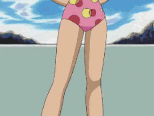 a cartoon girl in a pink polka dot swimsuit
