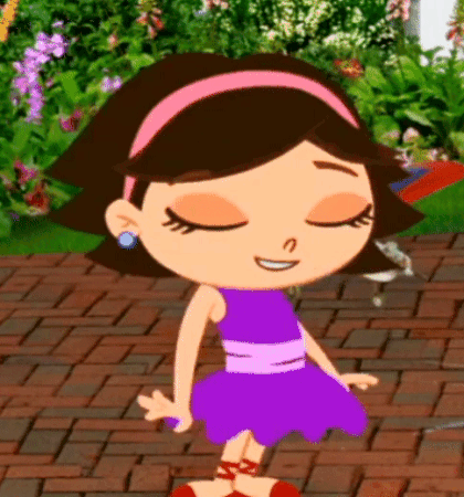 A Cartoon Girl In A Purple Dress Is Standing On A Brick Sidewalk . GIF