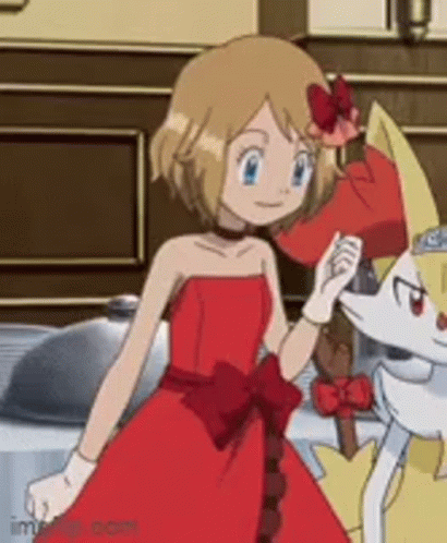 A Cartoon Girl In A Red Dress Is Standing Next To A Pokemon . GIF